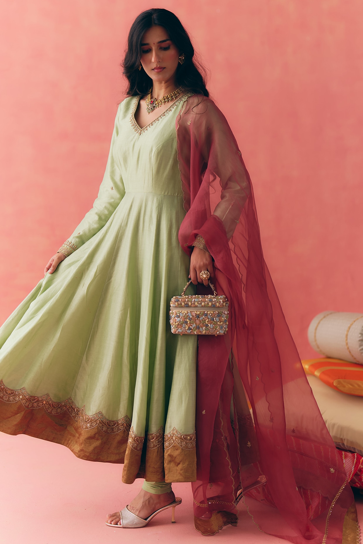 MIRASA Sage Green Pure Silk Chanderi Zari Scalloped Embroidered Anarkali Set