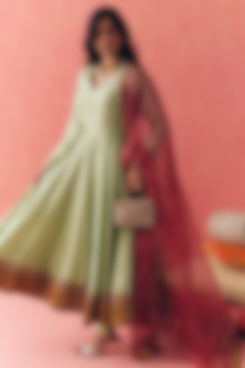 Sage Green Pure Silk Chanderi Zari Scalloped Embroidered Party Wear Anarkali Set by MIRASA at Pernia's Pop Up Shop