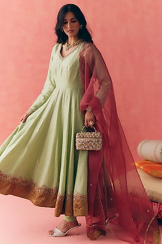 Sage Green Pure Silk Chanderi Zari Scalloped Embroidered Anarkali Set by MIRASA