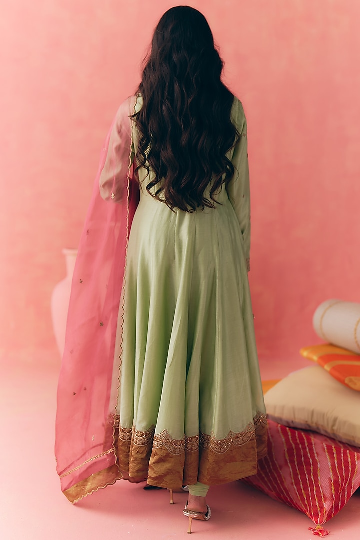 Sage Green Pure Silk Chanderi Zari Scalloped Embroidered Party Wear Anarkali Set by MIRASA at Pernia's Pop Up Shop