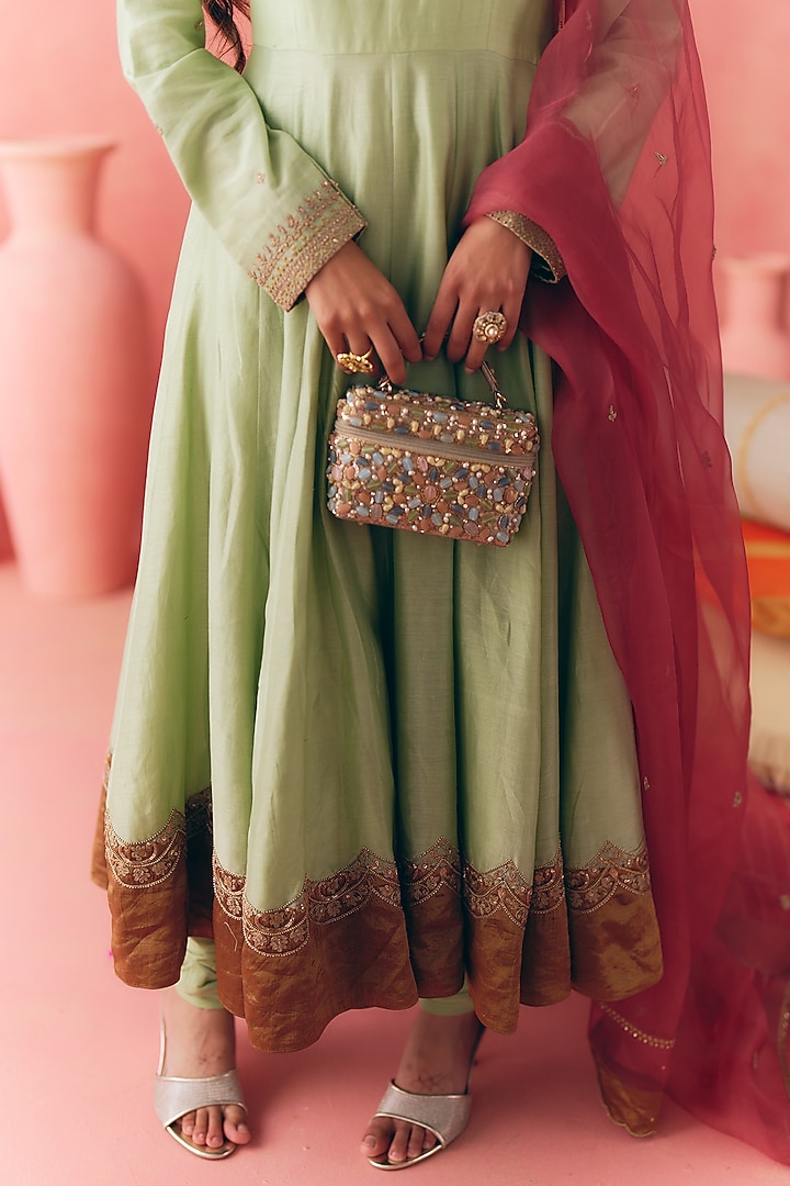 Sage Green Pure Silk Chanderi Zari Scalloped Embroidered Party Wear Anarkali Set by MIRASA at Pernia's Pop Up Shop