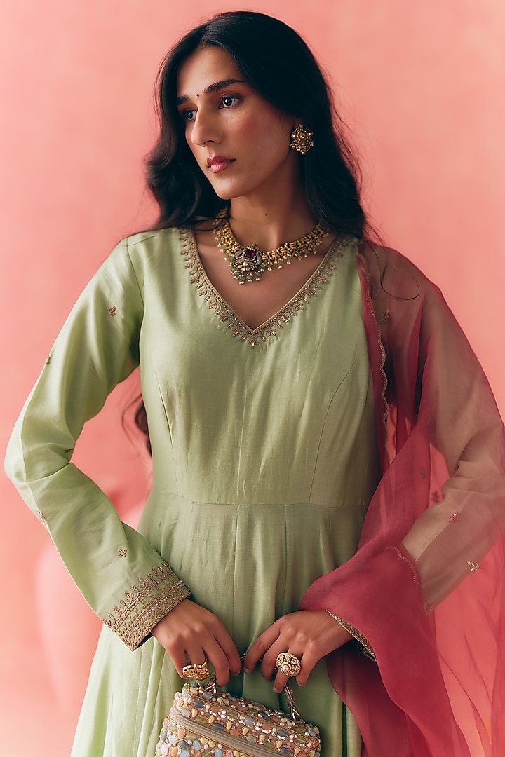Sage Green Pure Silk Chanderi Zari Scalloped Embroidered Party Wear Anarkali Set by MIRASA at Pernia's Pop Up Shop