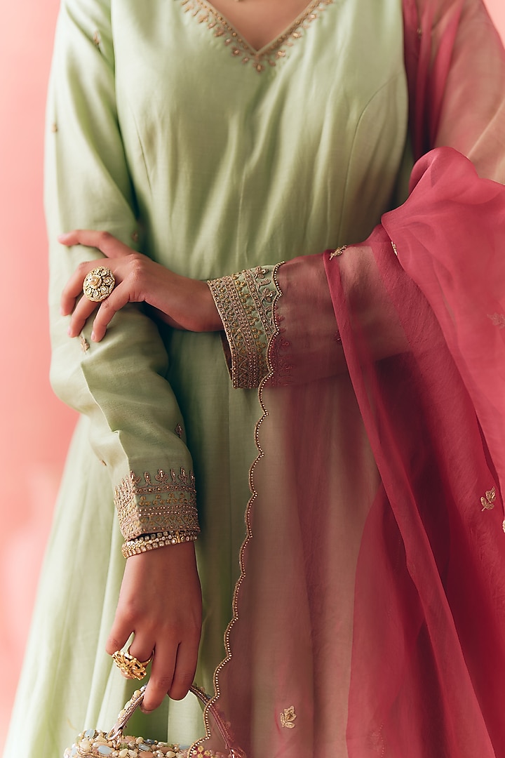 Sage Green Pure Silk Chanderi Zari Scalloped Embroidered Party Wear Anarkali Set by MIRASA at Pernia's Pop Up Shop