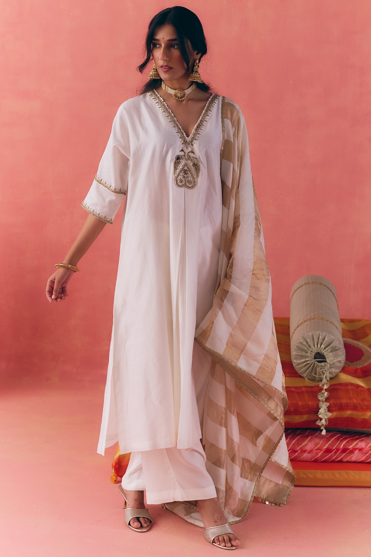MIRASA Ivory Pure Silk Chanderi Hand Embroidered Long Kaftan Set