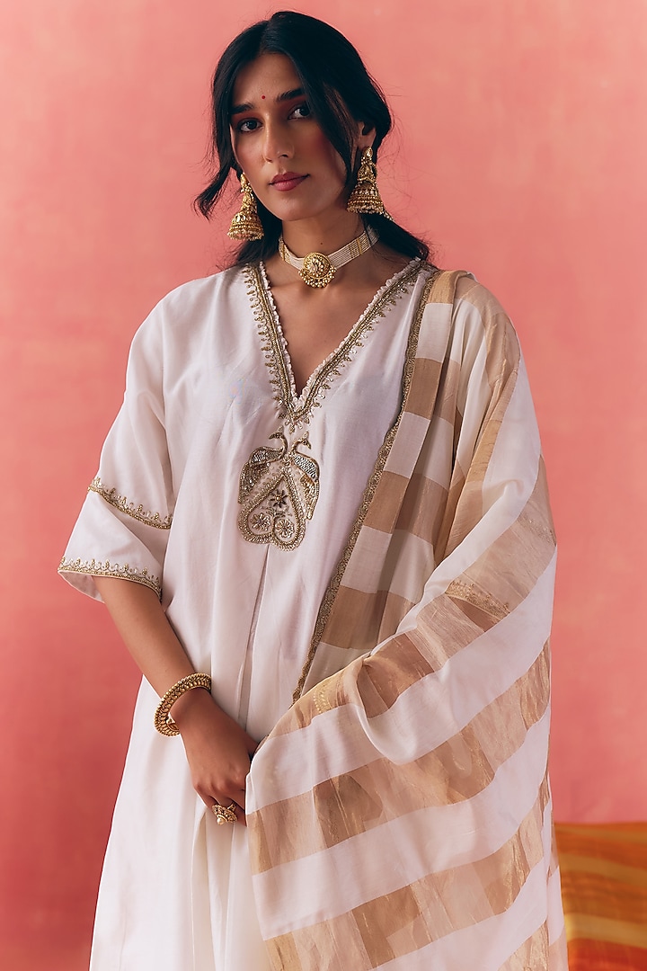 Ivory Pure Silk Chanderi Hand Embroidered Long Kaftan Set by MIRASA at Pernia's Pop Up Shop