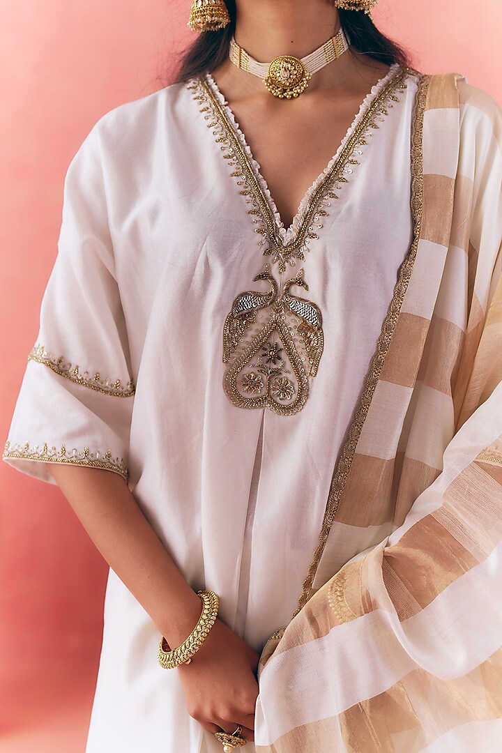 Ivory Pure Silk Chanderi Hand Embroidered Long Kaftan Set by MIRASA at Pernia's Pop Up Shop