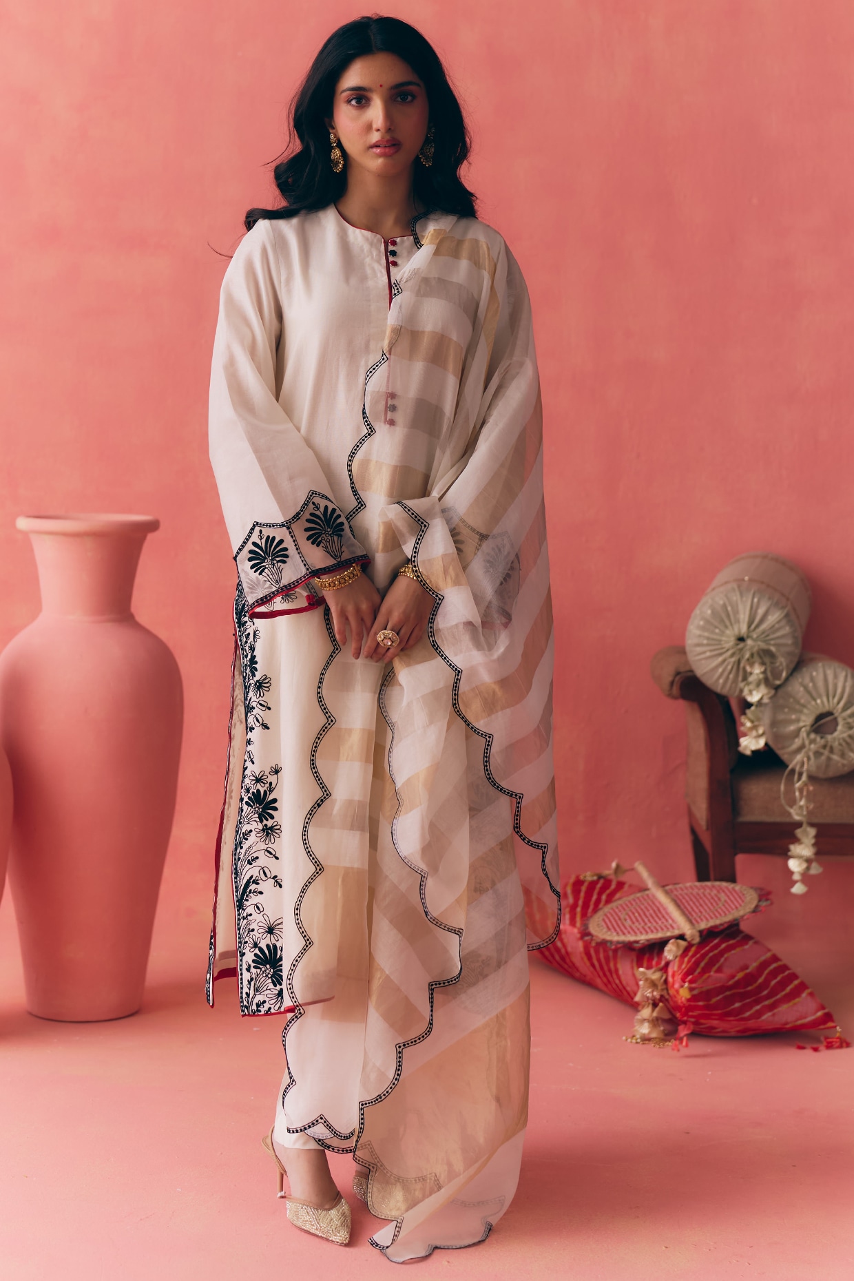 MIRASA Ivory Pure Silk Chanderi Thread Embroidered Kurta Set