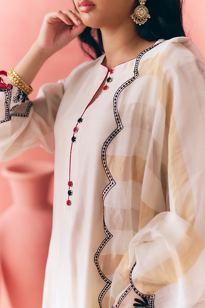 Ivory Pure Silk Chanderi Thread Embroidered Kurta Set by MIRASA at Pernia's Pop Up Shop