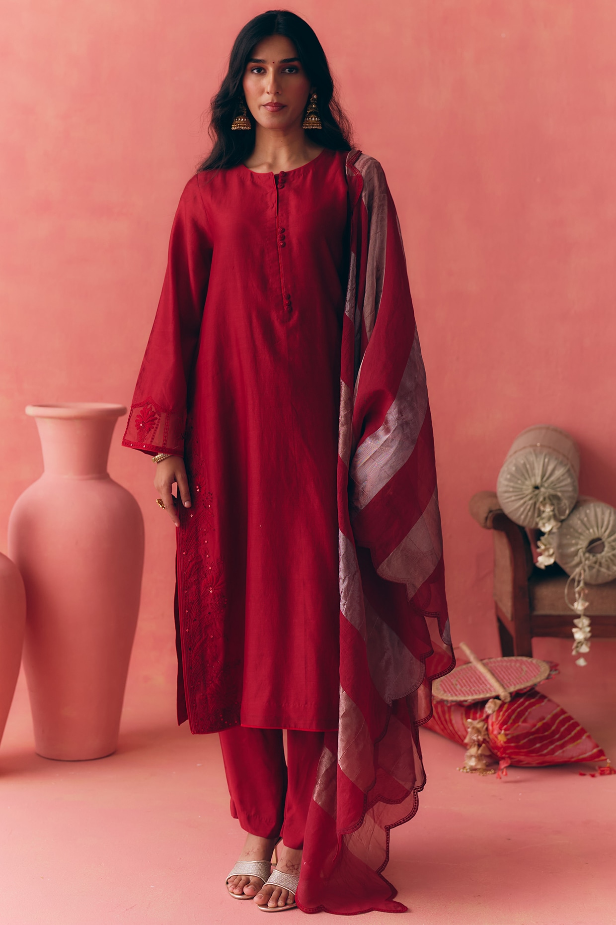 MIRASA Red Pure Silk Chanderi Thread Embroidered Kurta Set