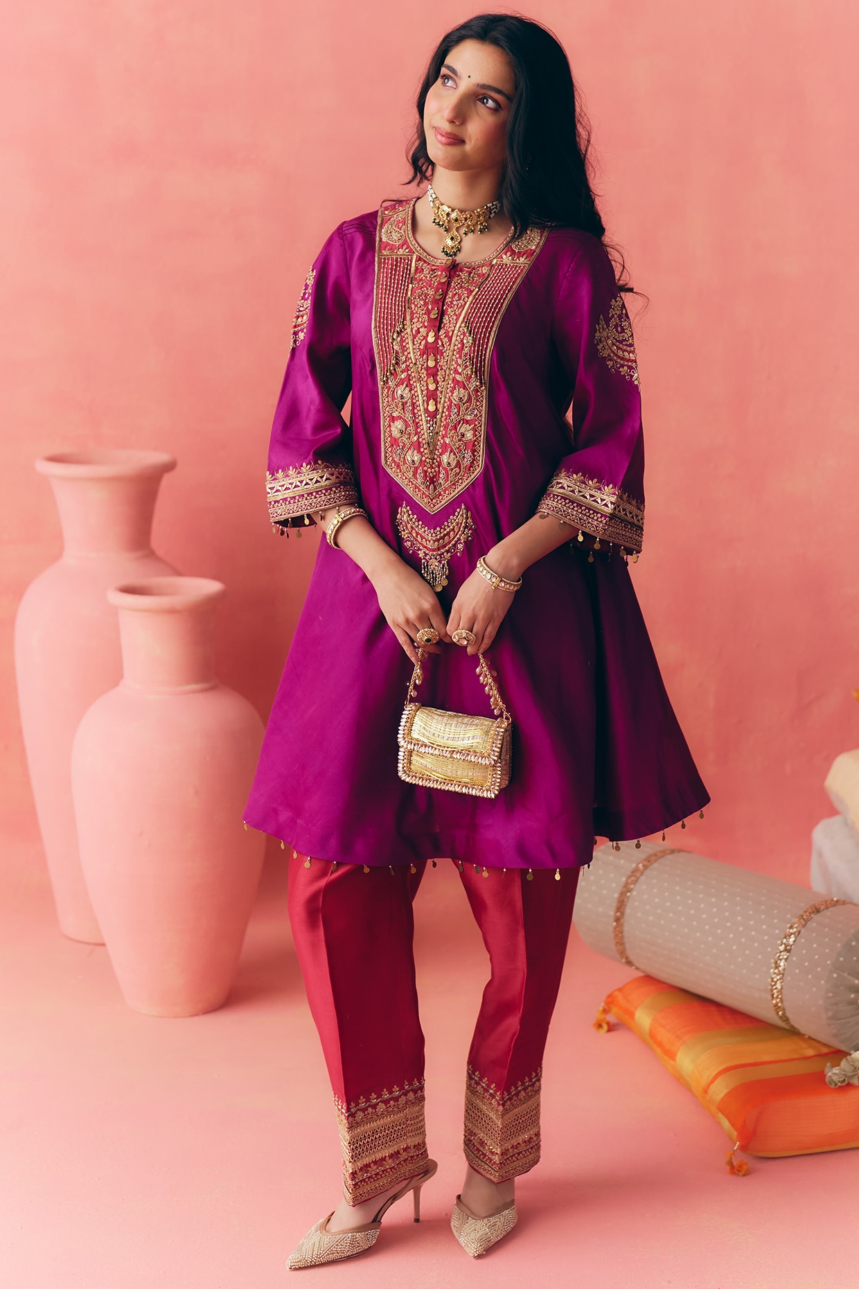 MIRASA Purple Pure Silk Chanderi Zari Embroidered Peplum Kurta Set