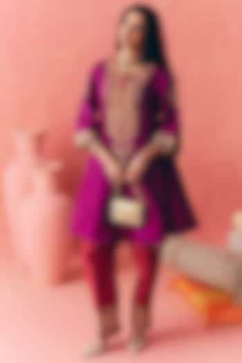 Purple Pure Silk Chanderi Zari Embroidered Peplum Kurta Set by MIRASA at Pernia's Pop Up Shop