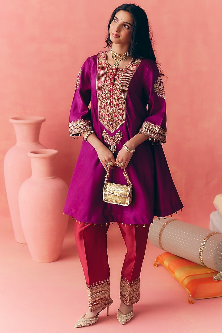 Purple Pure Silk Chanderi Zari Embroidered Peplum Kurta Set by MIRASA at Pernia's Pop Up Shop