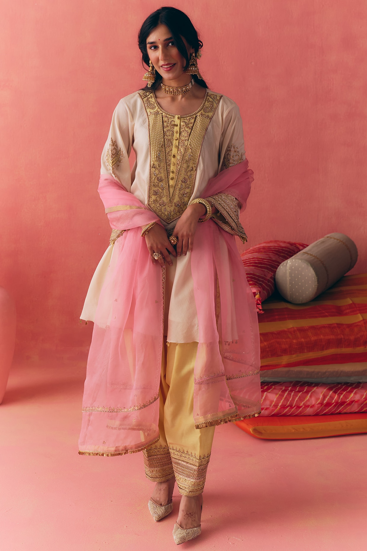 MIRASA Ivory & Yellow Pure Silk Chanderi Zari Embroidered Peplum Kurta Set