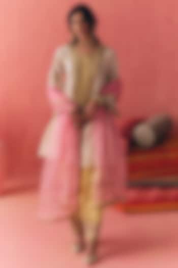 Ivory & Yellow Pure Silk Chanderi Zari Embroidered Peplum Kurta Set by MIRASA at Pernia's Pop Up Shop