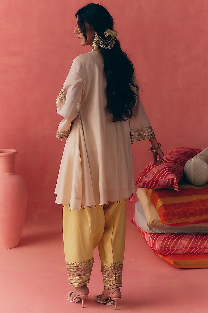 Ivory & Yellow Pure Silk Chanderi Zari Embroidered Peplum Kurta Set by MIRASA at Pernia's Pop Up Shop