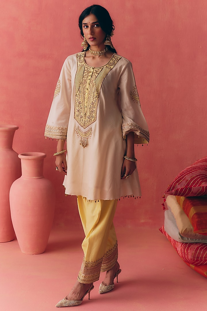 Ivory & Yellow Pure Silk Chanderi Zari Embroidered Peplum Kurta Set by MIRASA at Pernia's Pop Up Shop