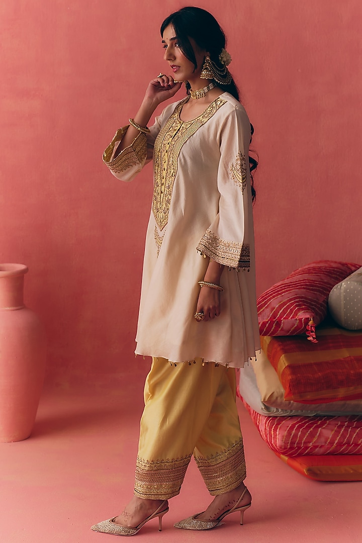 Ivory & Yellow Pure Silk Chanderi Zari Embroidered Peplum Kurta Set by MIRASA at Pernia's Pop Up Shop