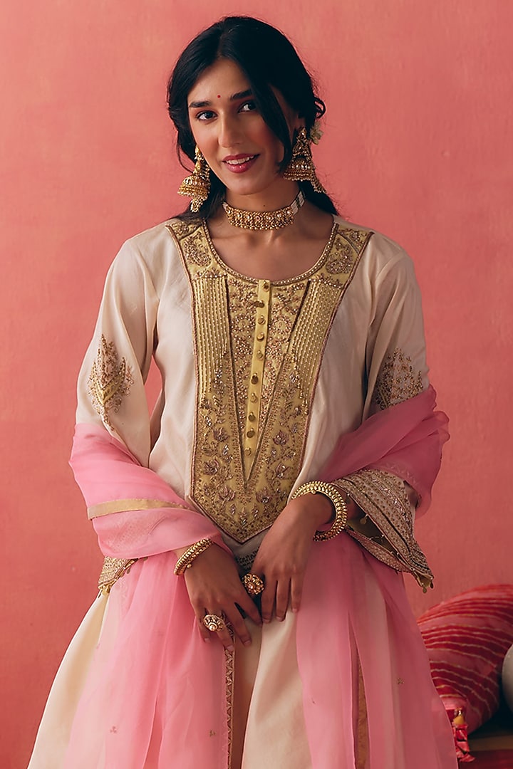 Ivory & Yellow Pure Silk Chanderi Zari Embroidered Peplum Kurta Set by MIRASA at Pernia's Pop Up Shop