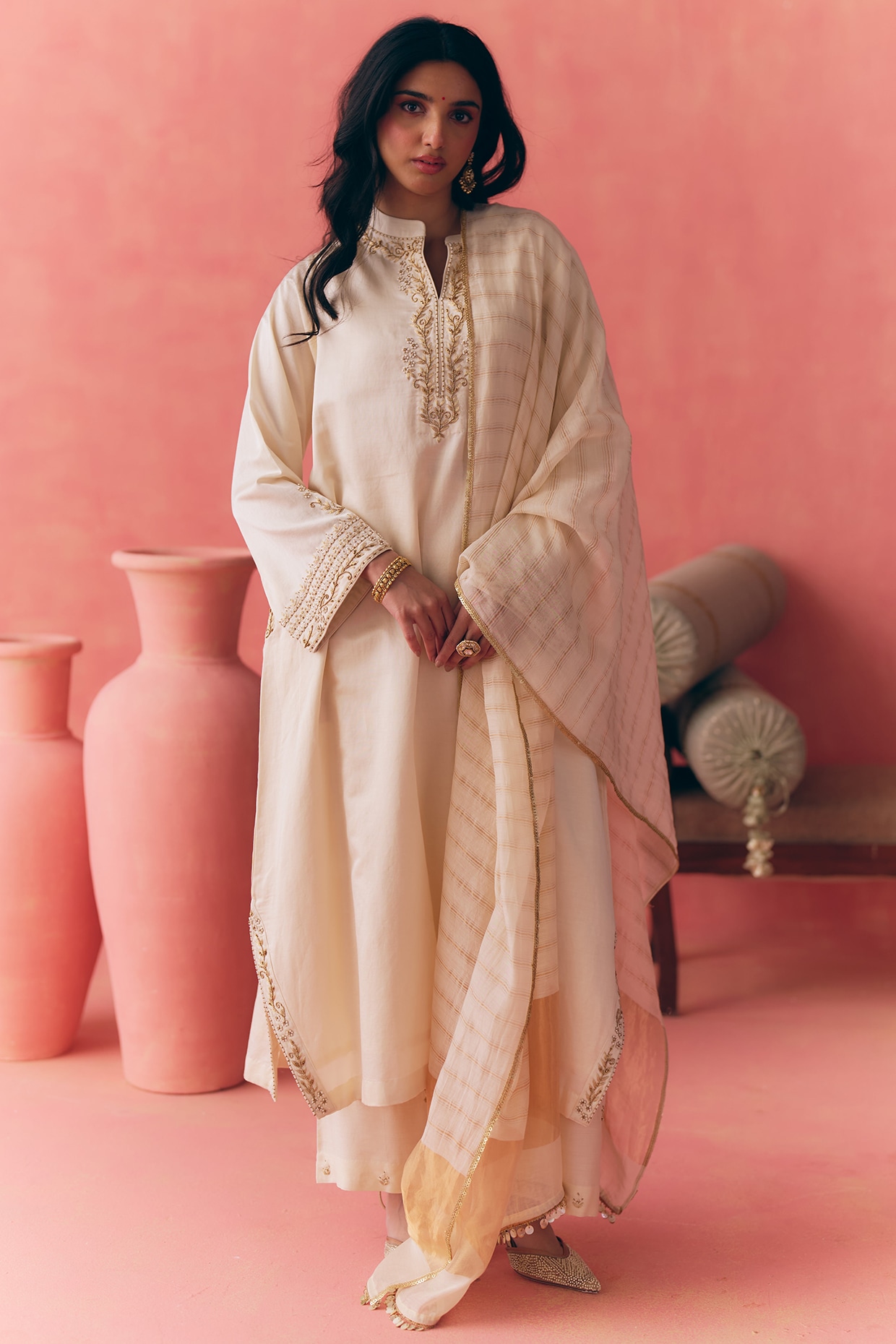 MIRASA Butter Ivory Pure Cotton Satin Silk Zari Embroidered Kurta Set