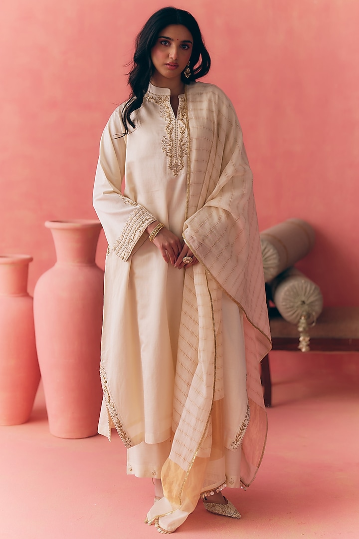 Butter Ivory Pure Cotton Satin Silk Zari Embroidered Kurta Set by MIRASA at Pernia's Pop Up Shop