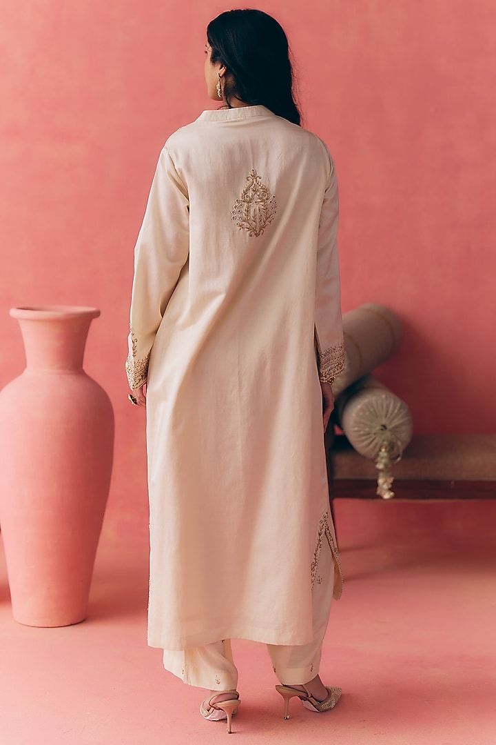 Butter Ivory Pure Cotton Satin Silk Zari Embroidered Kurta Set by MIRASA at Pernia's Pop Up Shop