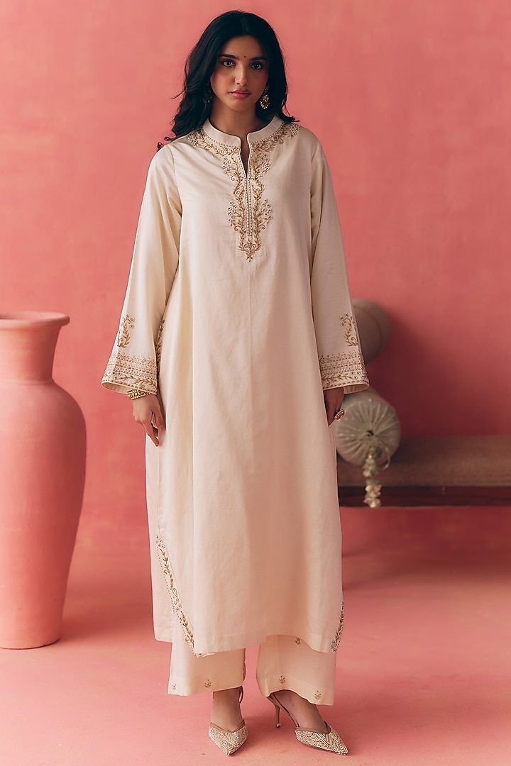 Butter Ivory Pure Cotton Satin Silk Zari Embroidered Kurta Set by MIRASA at Pernia's Pop Up Shop