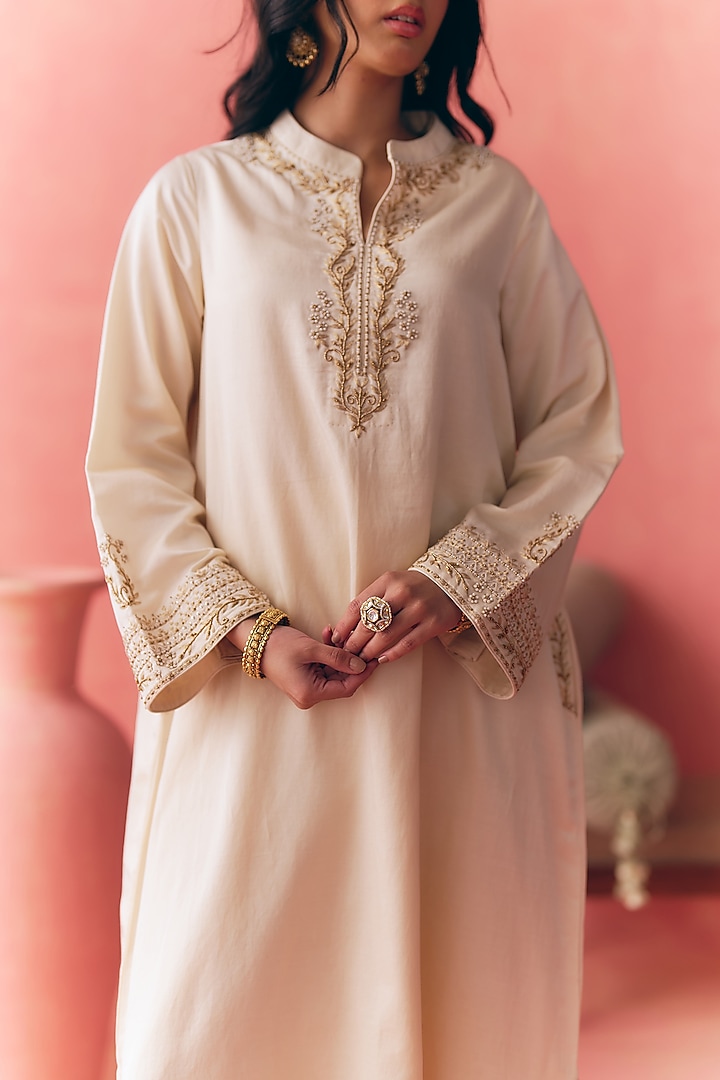 Butter Ivory Pure Cotton Satin Silk Zari Embroidered Kurta Set by MIRASA at Pernia's Pop Up Shop