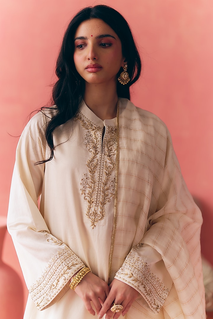 Butter Ivory Pure Cotton Satin Silk Zari Embroidered Kurta Set by MIRASA at Pernia's Pop Up Shop