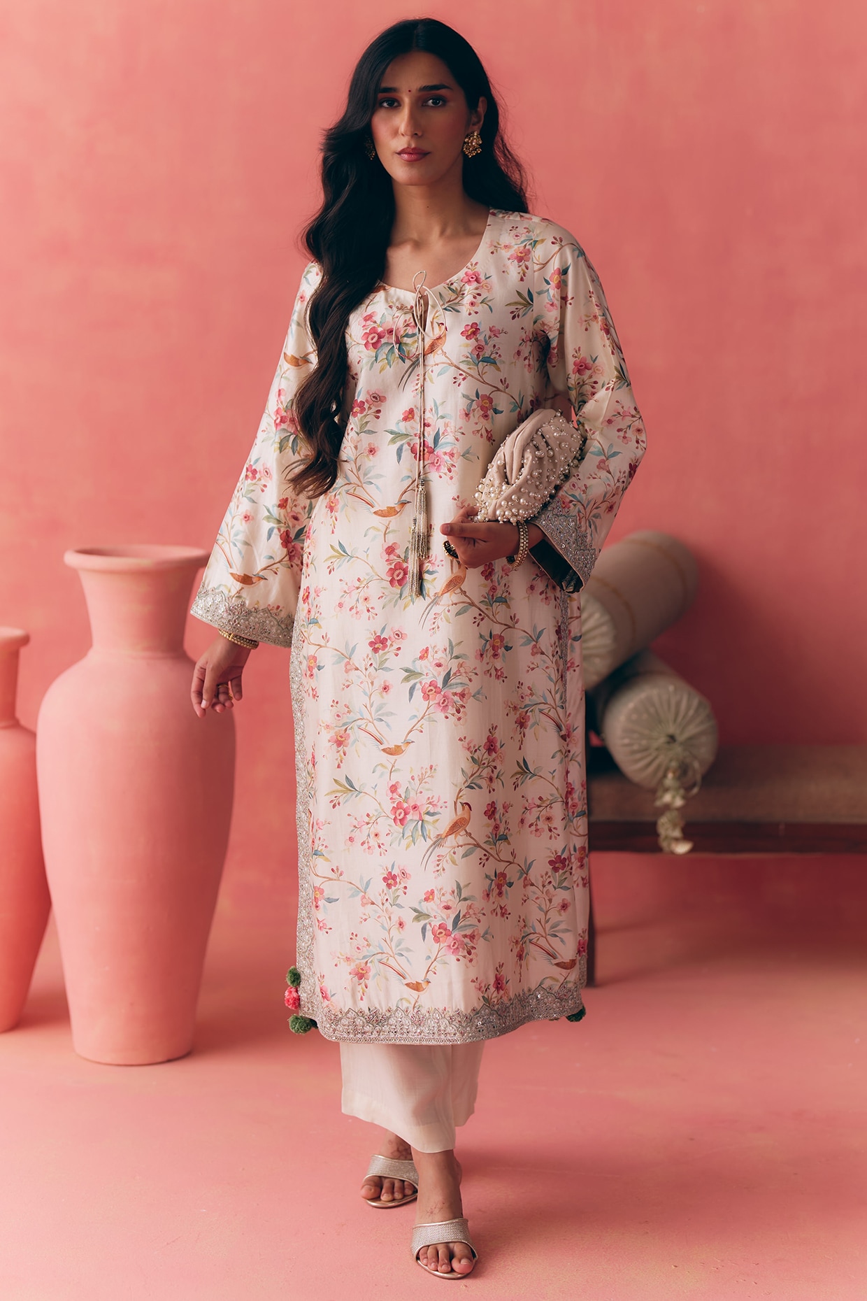 MIRASA Ivory Pure Chanderi Printed & Resham Embroidered Kurta Set
