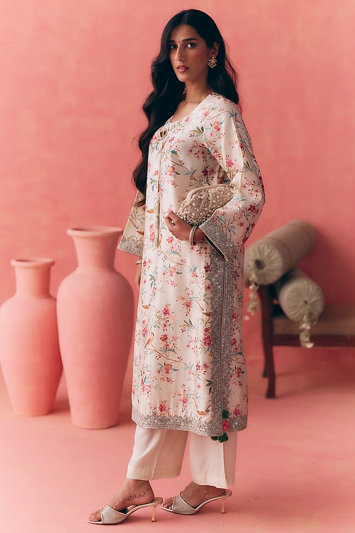 Ivory Pure Chanderi Printed & Resham Embroidered Kurta Set by MIRASA at Pernia's Pop Up Shop
