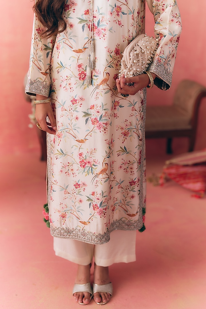 Ivory Pure Chanderi Printed & Resham Embroidered Kurta Set by MIRASA at Pernia's Pop Up Shop
