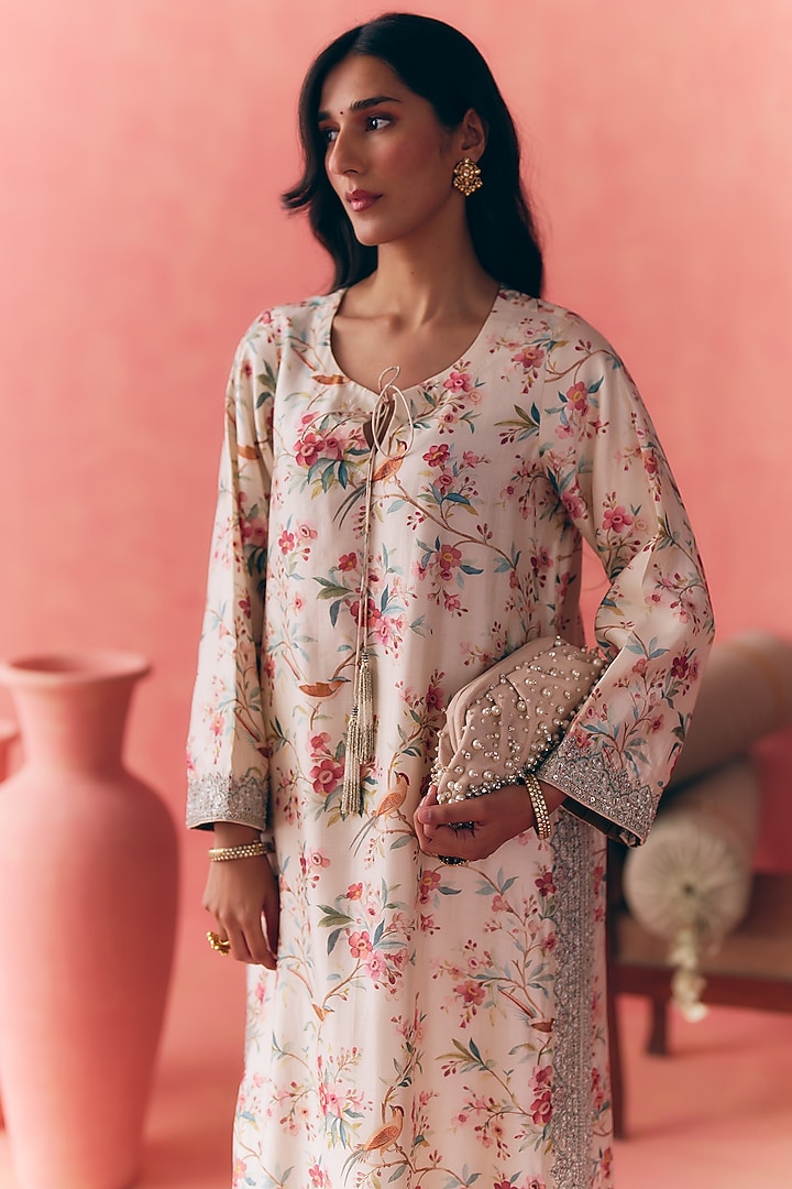 Ivory Pure Chanderi Printed & Resham Embroidered Kurta Set by MIRASA at Pernia's Pop Up Shop