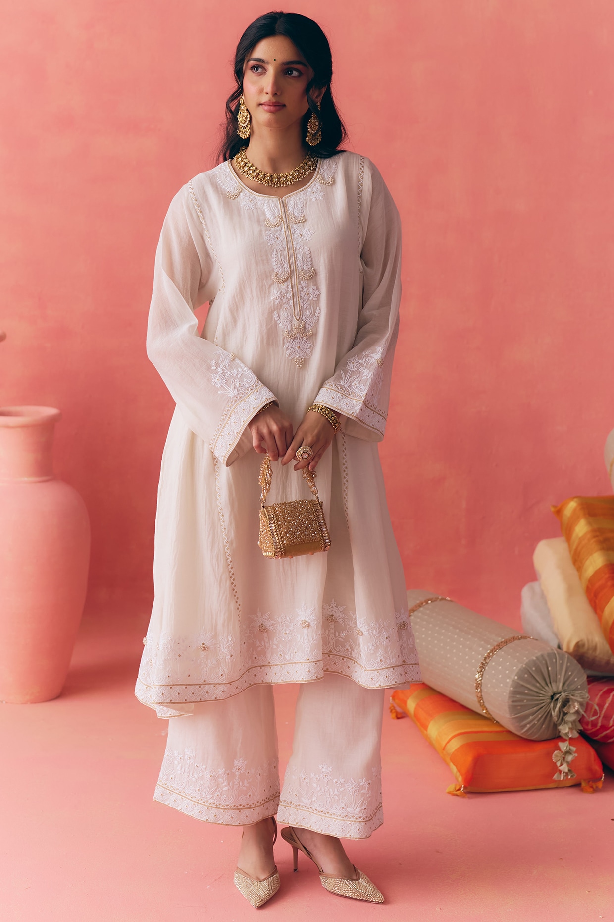 MIRASA Ivory Pure Mul Chanderi Dori Embroidered Kurta Set