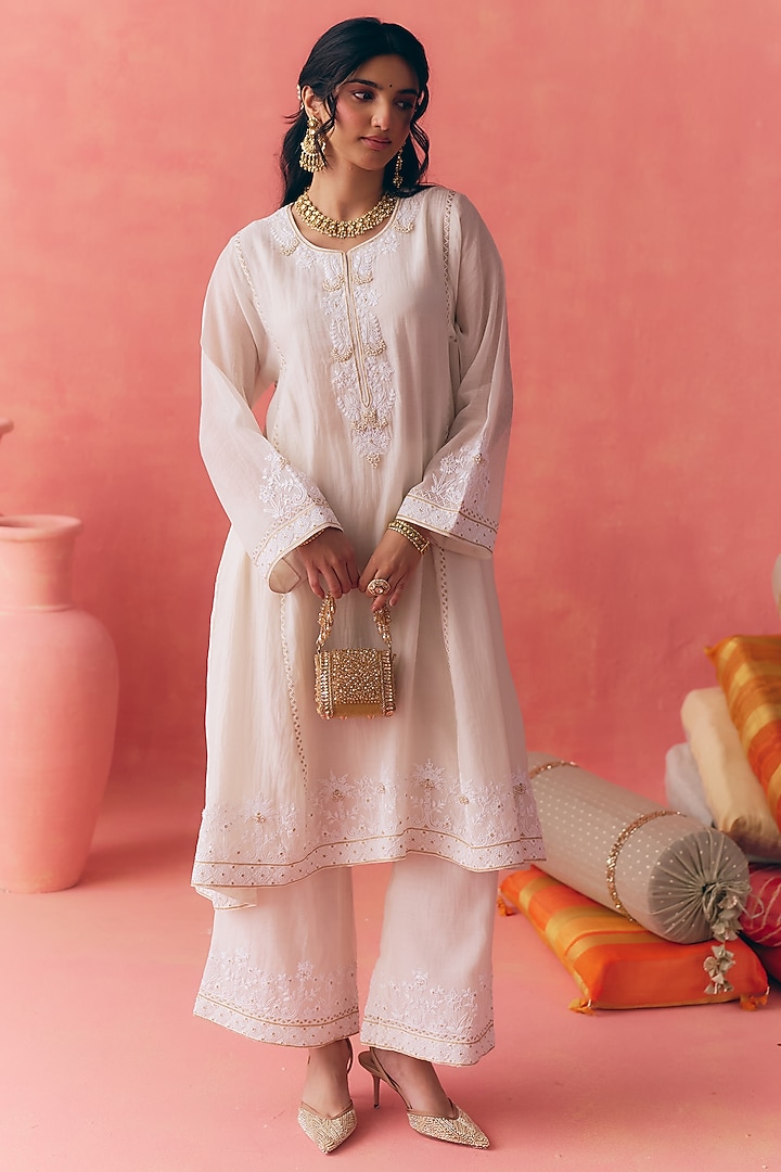 Ivory Pure Mul Chanderi Dori Embroidered Kurta Set by MIRASA at Pernia's Pop Up Shop