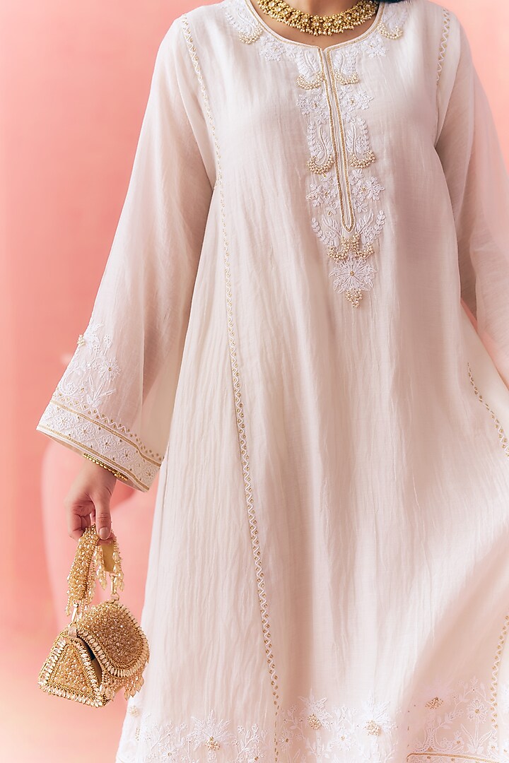 Ivory Pure Mul Chanderi Dori Embroidered Kurta Set by MIRASA at Pernia's Pop Up Shop