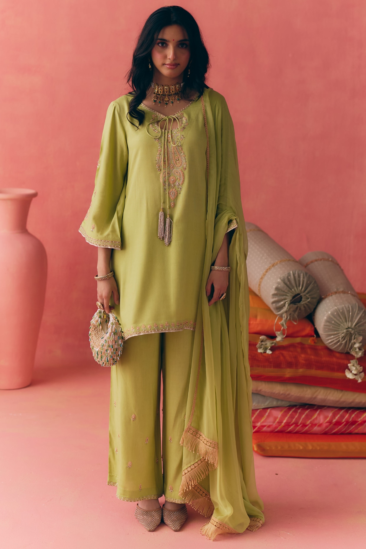 MIRASA Lime Green Pure Rayon Cotton Zari Embroidered Kurta Set