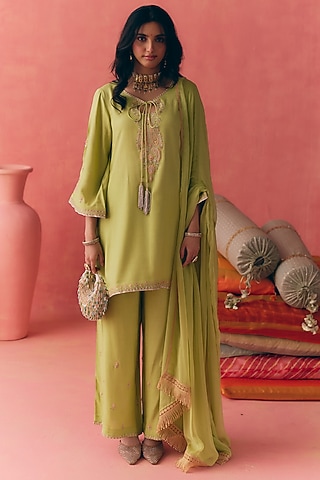 Lime Green Pure Rayon Cotton Zari Embroidered Kurta Set by MIRASA