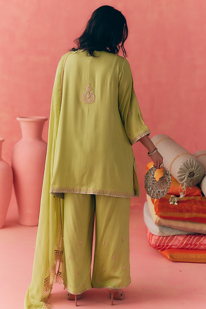 Lime Green Pure Rayon Cotton Zari Embroidered Kurta Set by MIRASA at Pernia's Pop Up Shop