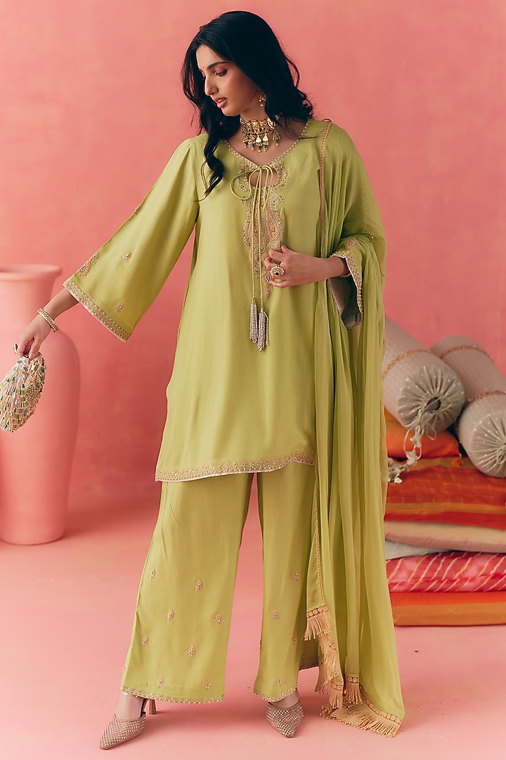 Lime Green Pure Rayon Cotton Zari Embroidered Kurta Set by MIRASA at Pernia's Pop Up Shop