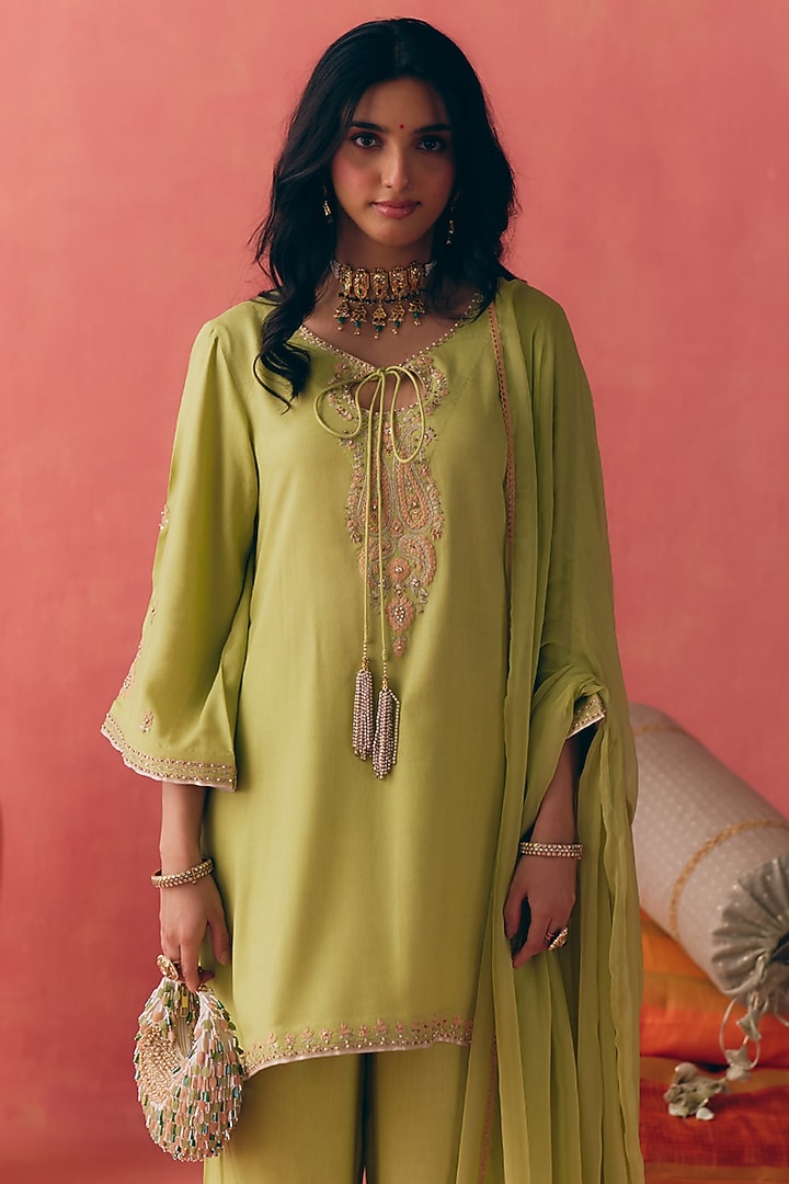 Lime Green Pure Rayon Cotton Zari Embroidered Kurta Set by MIRASA at Pernia's Pop Up Shop