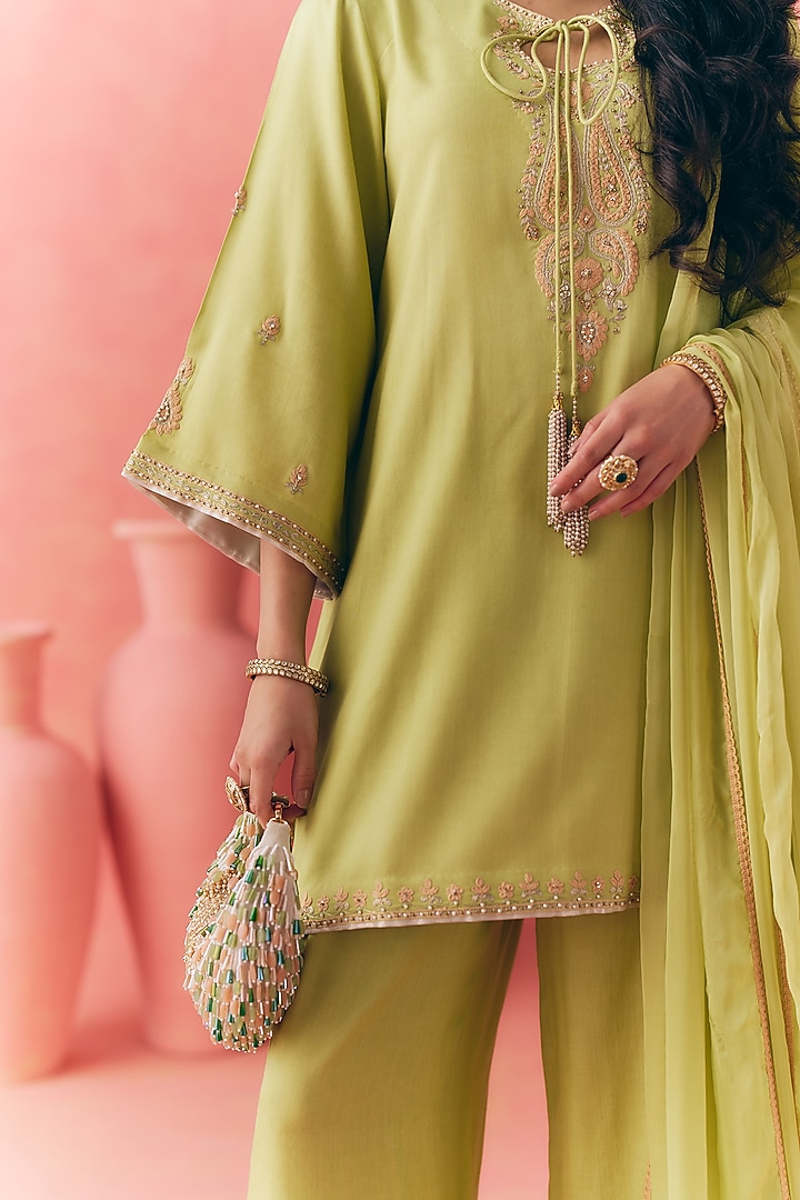 Lime Green Pure Rayon Cotton Zari Embroidered Kurta Set by MIRASA at Pernia's Pop Up Shop