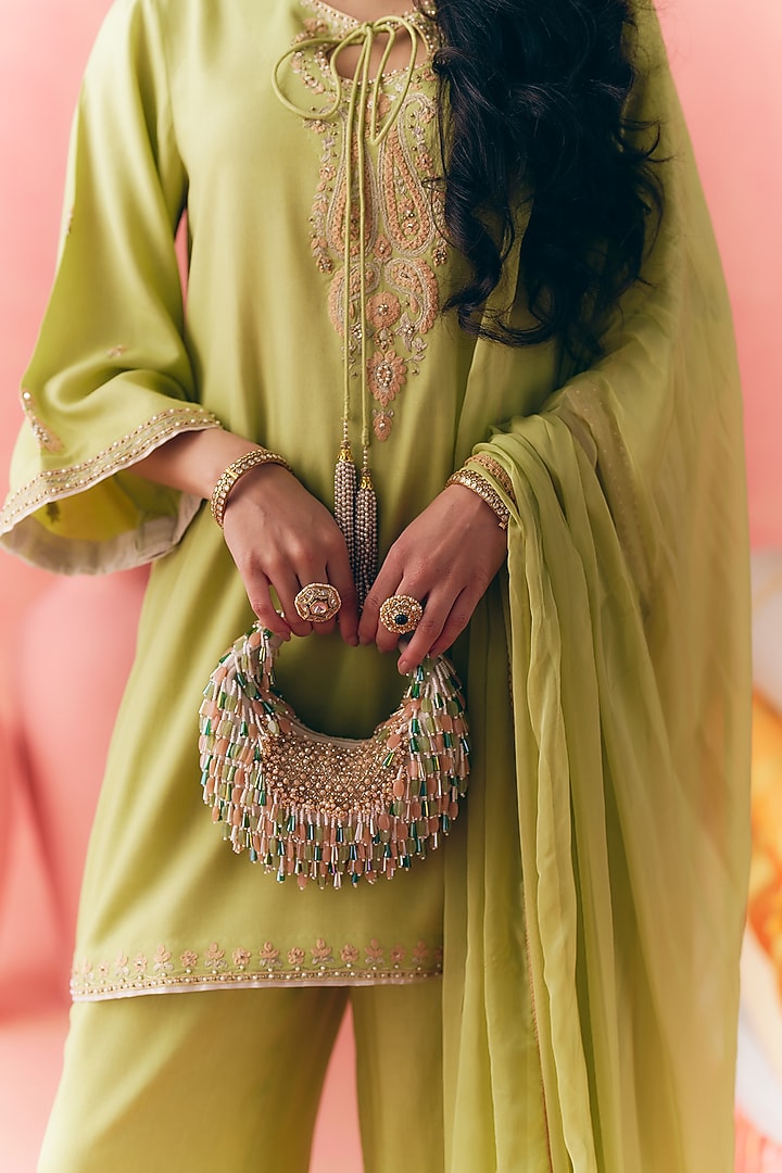 Lime Green Pure Rayon Cotton Zari Embroidered Kurta Set by MIRASA at Pernia's Pop Up Shop