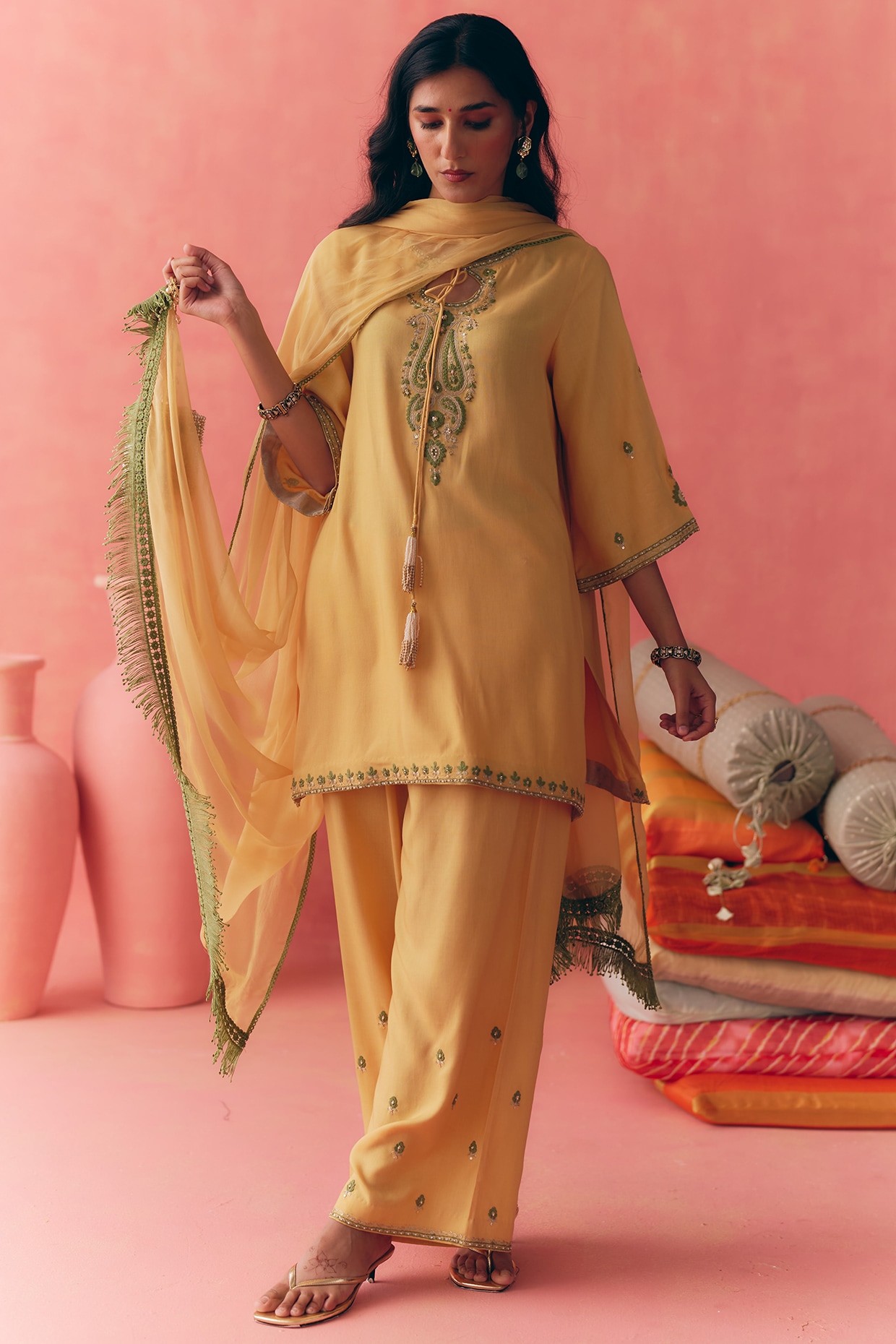 MIRASA Yellow Pure Rayon Cotton Zari Embroidered Kurta Set
