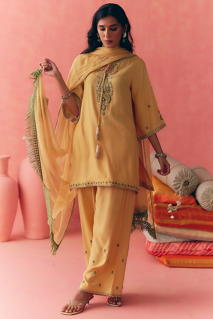 Yellow Pure Rayon Cotton Zari Embroidered Kurta Set by MIRASA at Pernia's Pop Up Shop