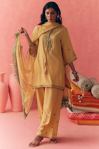 Yellow Pure Rayon Cotton Zari Embroidered Kurta Set by MIRASA