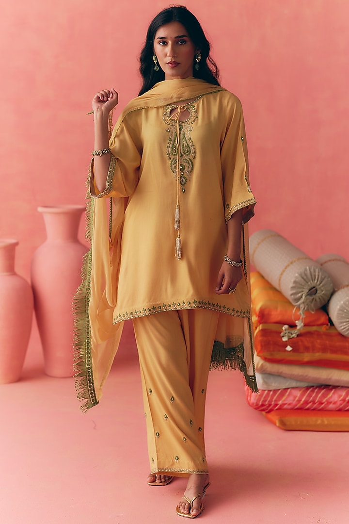 Yellow Pure Rayon Cotton Zari Embroidered Kurta Set by MIRASA at Pernia's Pop Up Shop