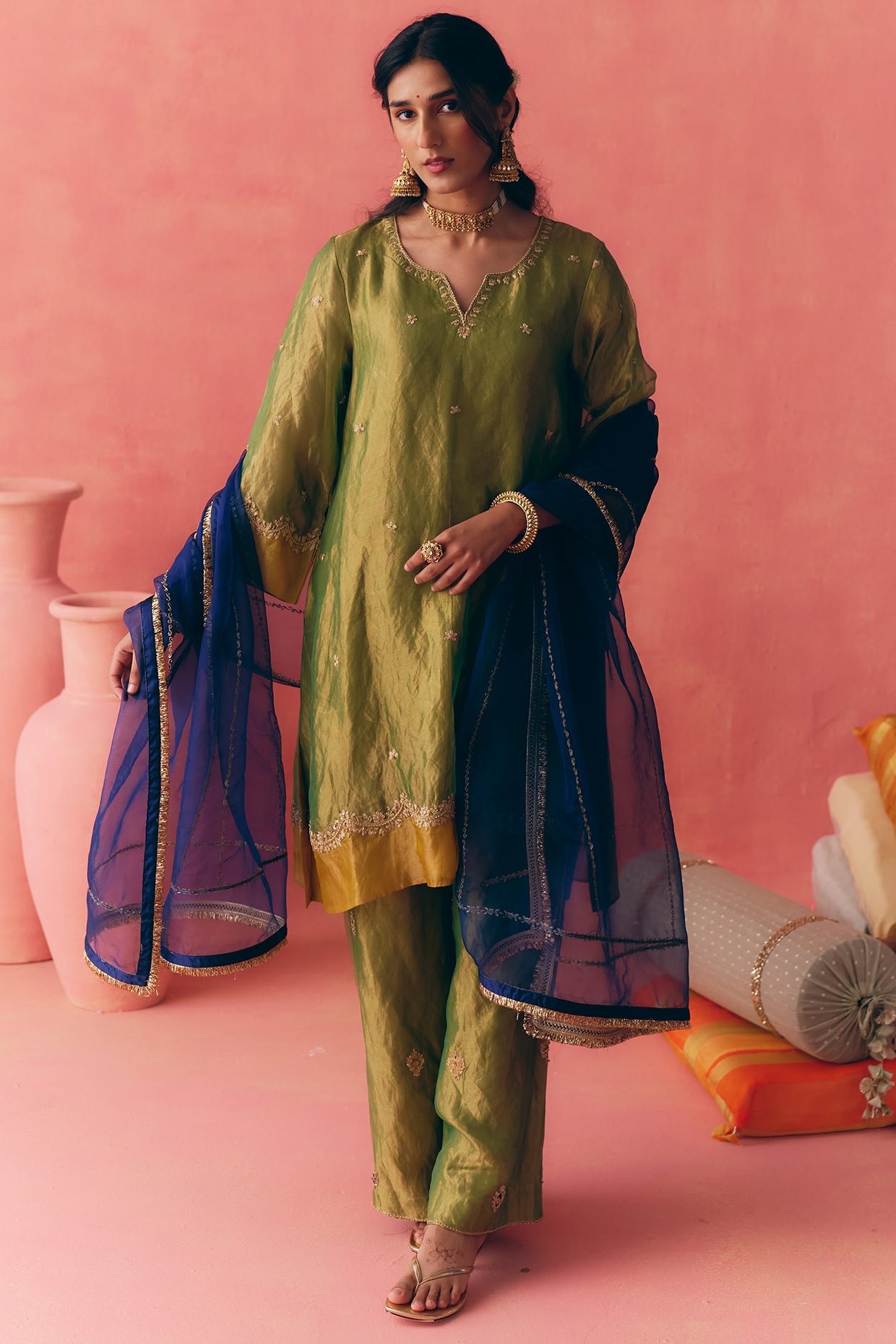 MIRASA Forest Green & Yellow Pure Banarasi Silk Tissue Zari Embroidered Kurta Set