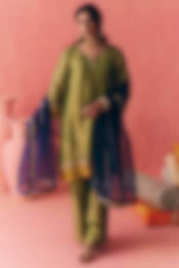 Forest Green & Yellow Pure Banarasi Silk Tissue Zari Embroidered Kurta Set by MIRASA at Pernia's Pop Up Shop