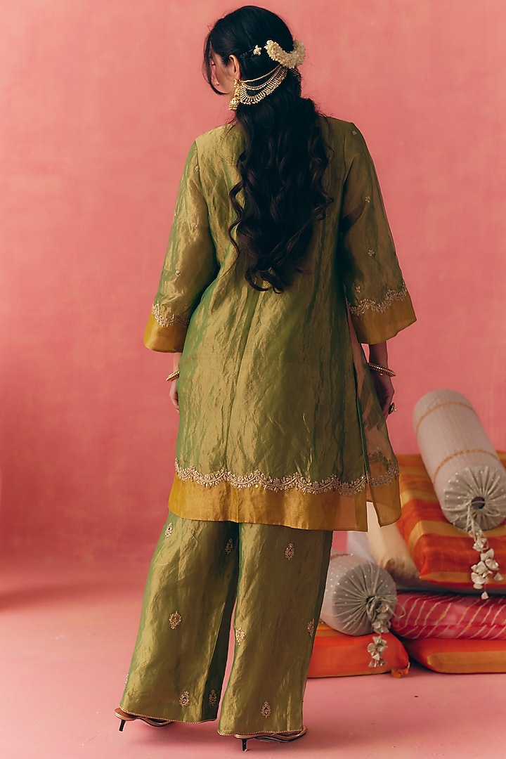 Forest Green & Yellow Pure Banarasi Silk Tissue Zari Embroidered Kurta Set by MIRASA at Pernia's Pop Up Shop