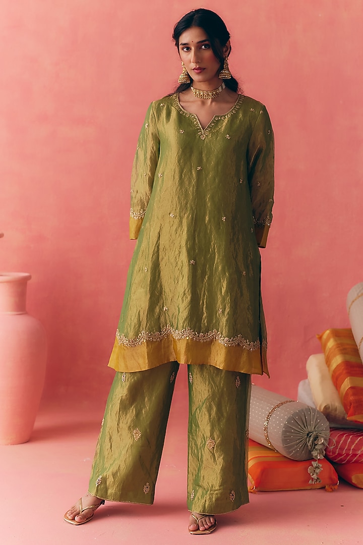 Forest Green & Yellow Pure Banarasi Silk Tissue Zari Embroidered Kurta Set by MIRASA at Pernia's Pop Up Shop